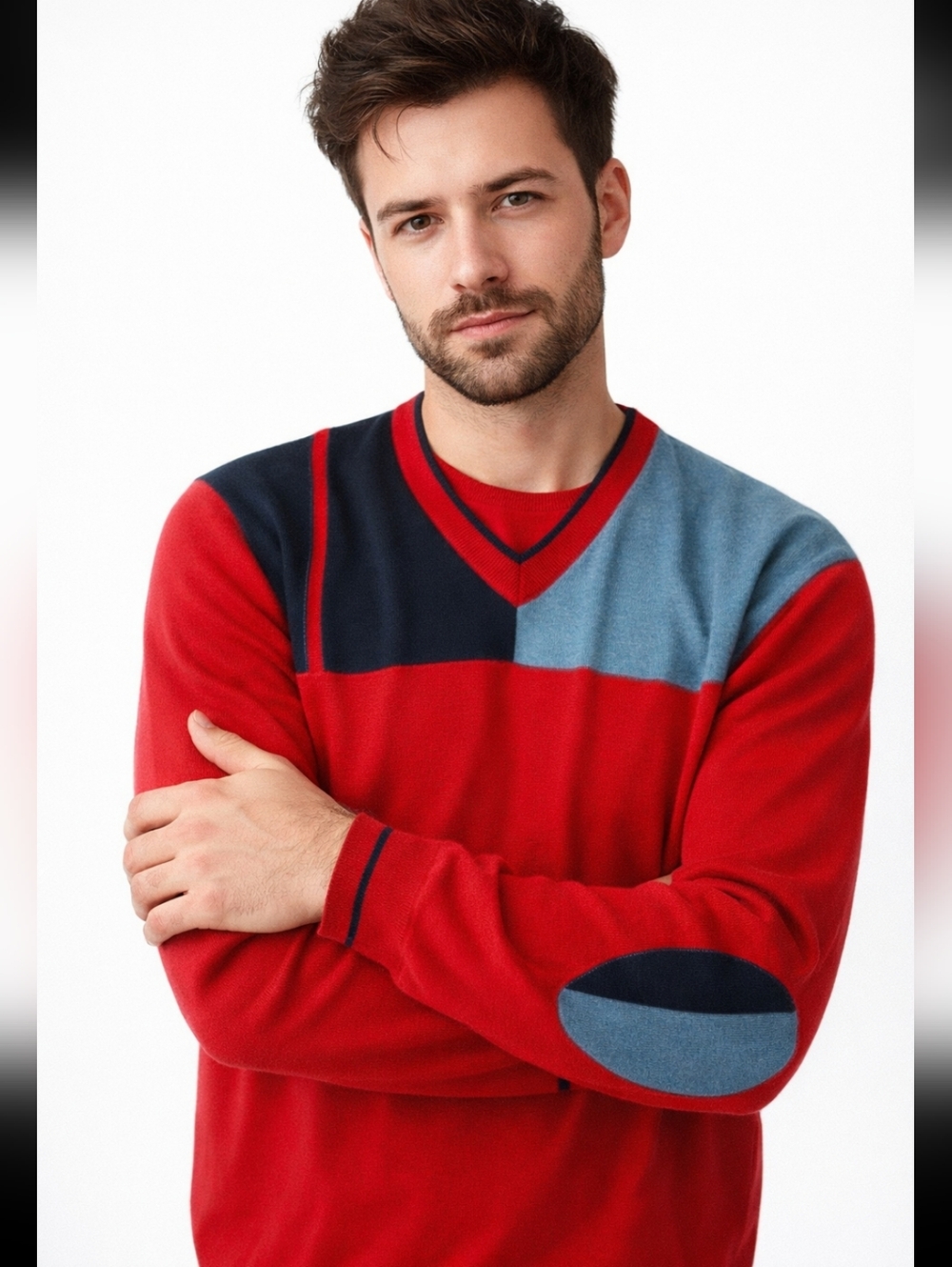 Marcello Sport merino wool blend red/ black color block v neck sweater. Sz M